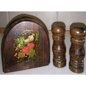 Vintage Wooden Napkin Holder with Salt and Pepper Shaker